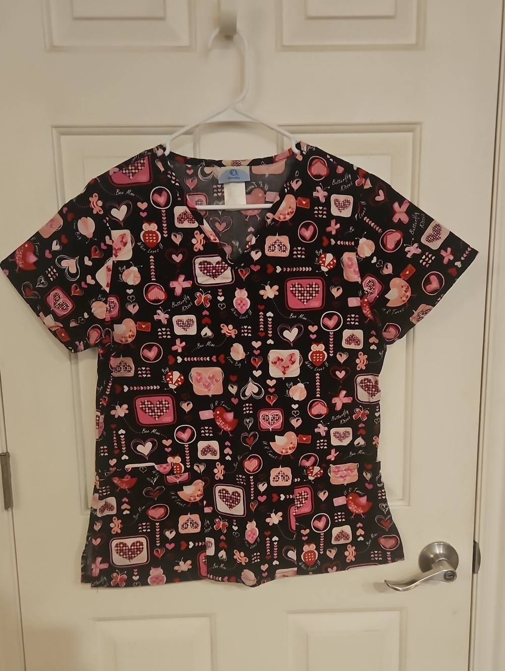 SB Scrubs Black Top with Pink and Red Heart Print
